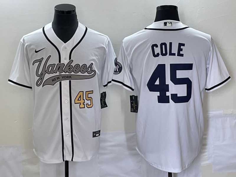 Mens New York Yankees #45 Gerrit Cole Number White With Patch Cool Base Stitched Baseball Jersey